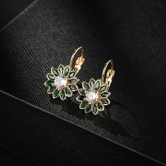 14K Gold Plated Green Main Crystal Flower Drop Leverback Earrings for Women - Picture 3 of 7